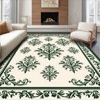 Dark Green Scrolling Floral Damask Field Rug