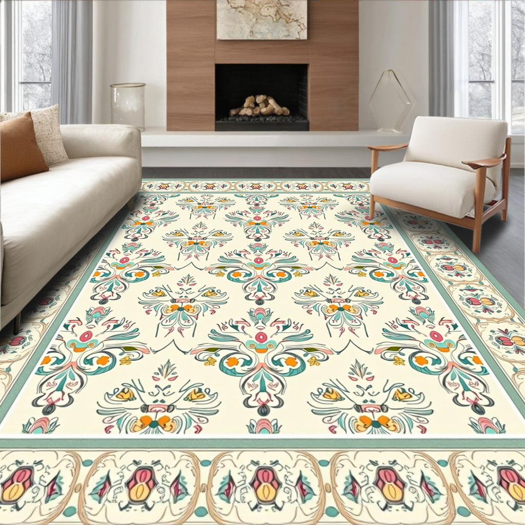 Cream Teal Floral Cameo Rug