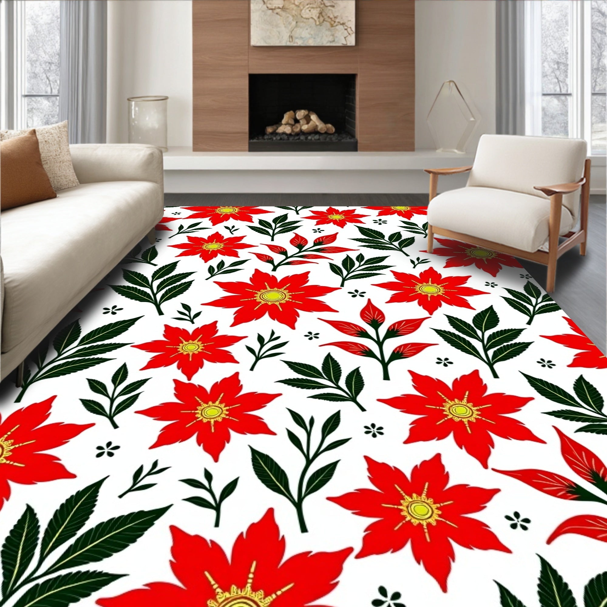 Vibrant Scarlet Floral Foliage Garland Rug