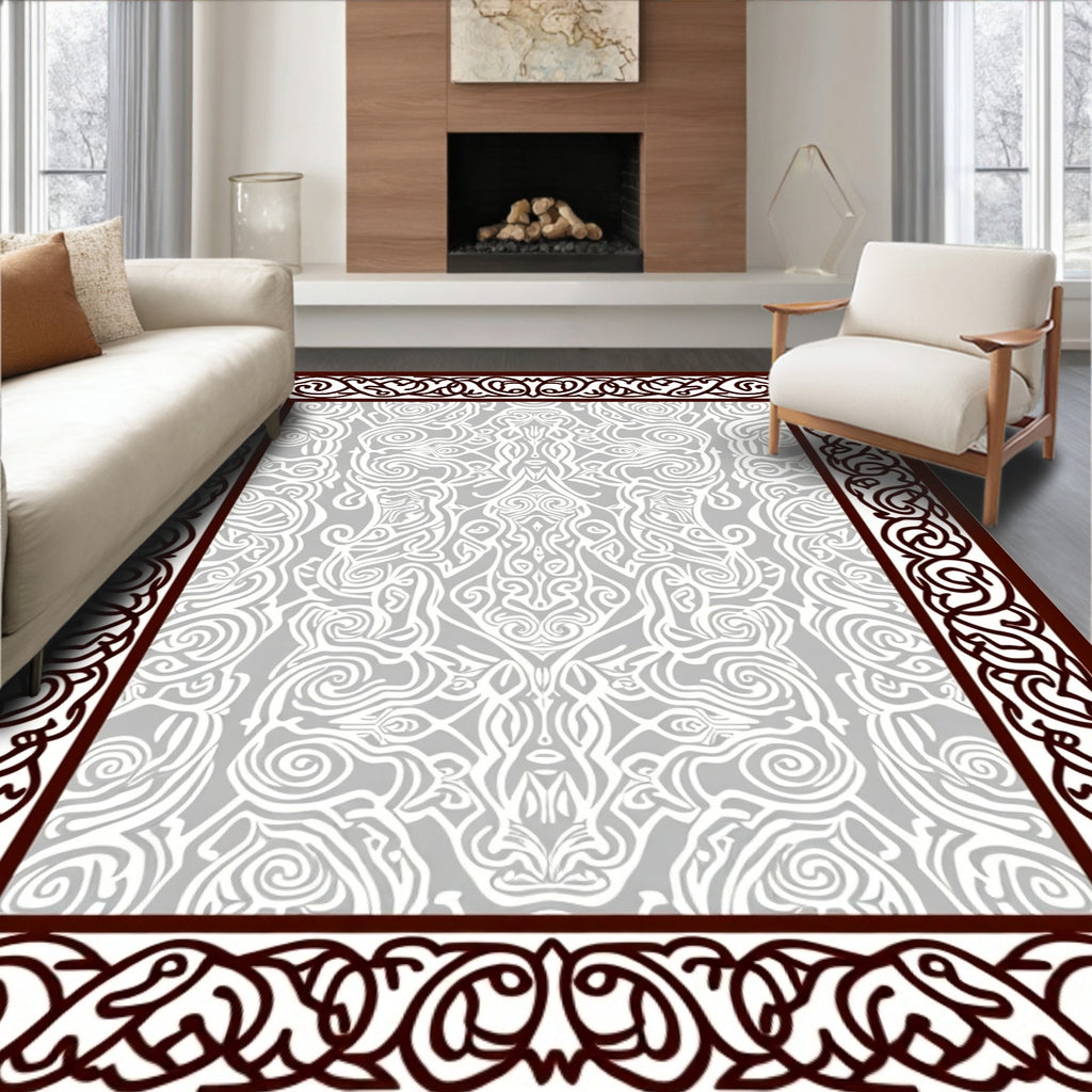Brown Intricate Scrollwork Silver Border Rug