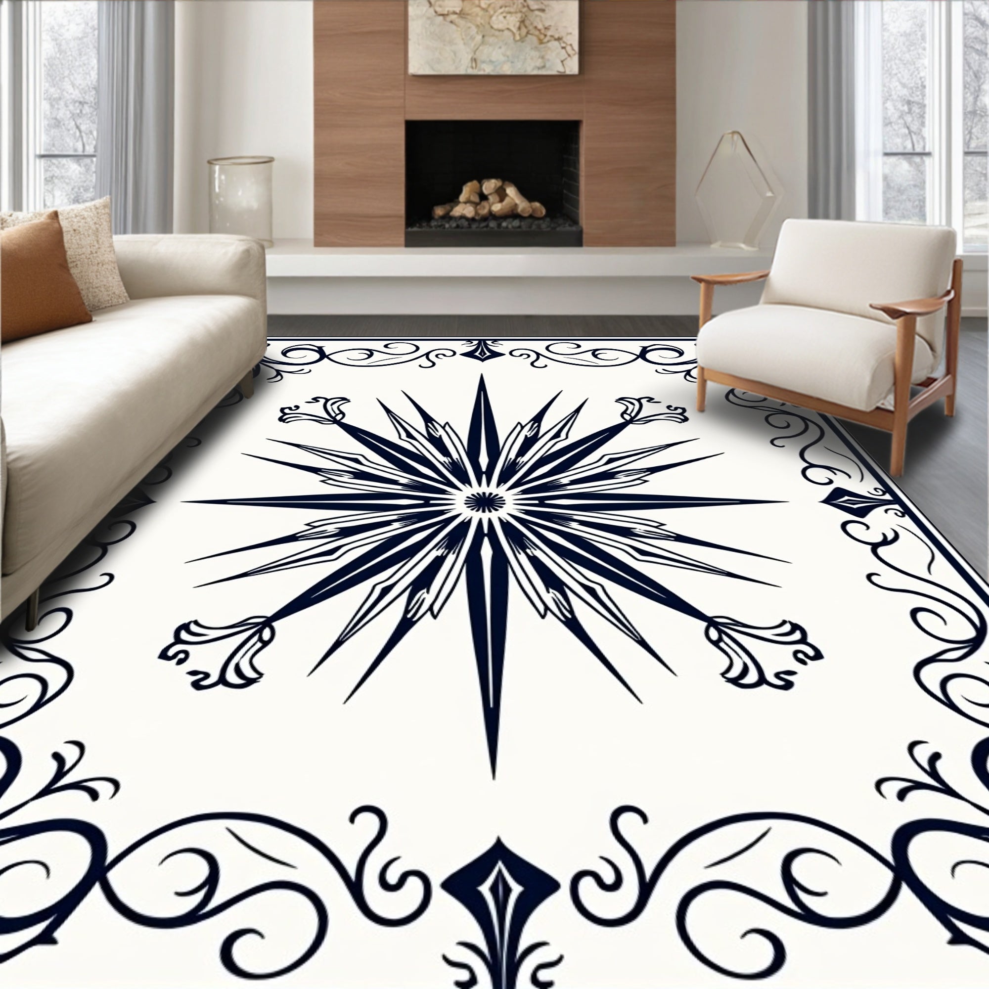 Navy Starburst Scrollwork Border Rug