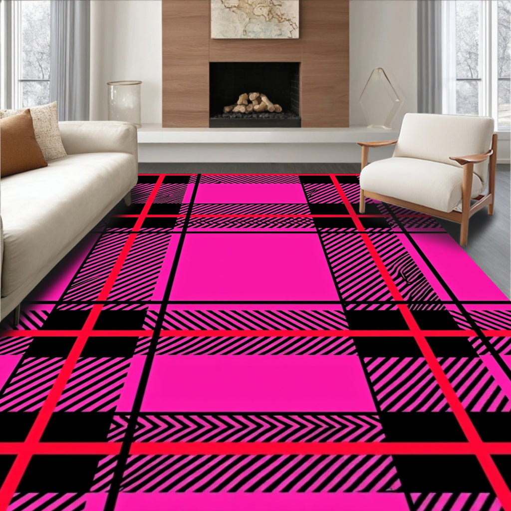 Bright Pink Black Red Plaid Tartan Rug