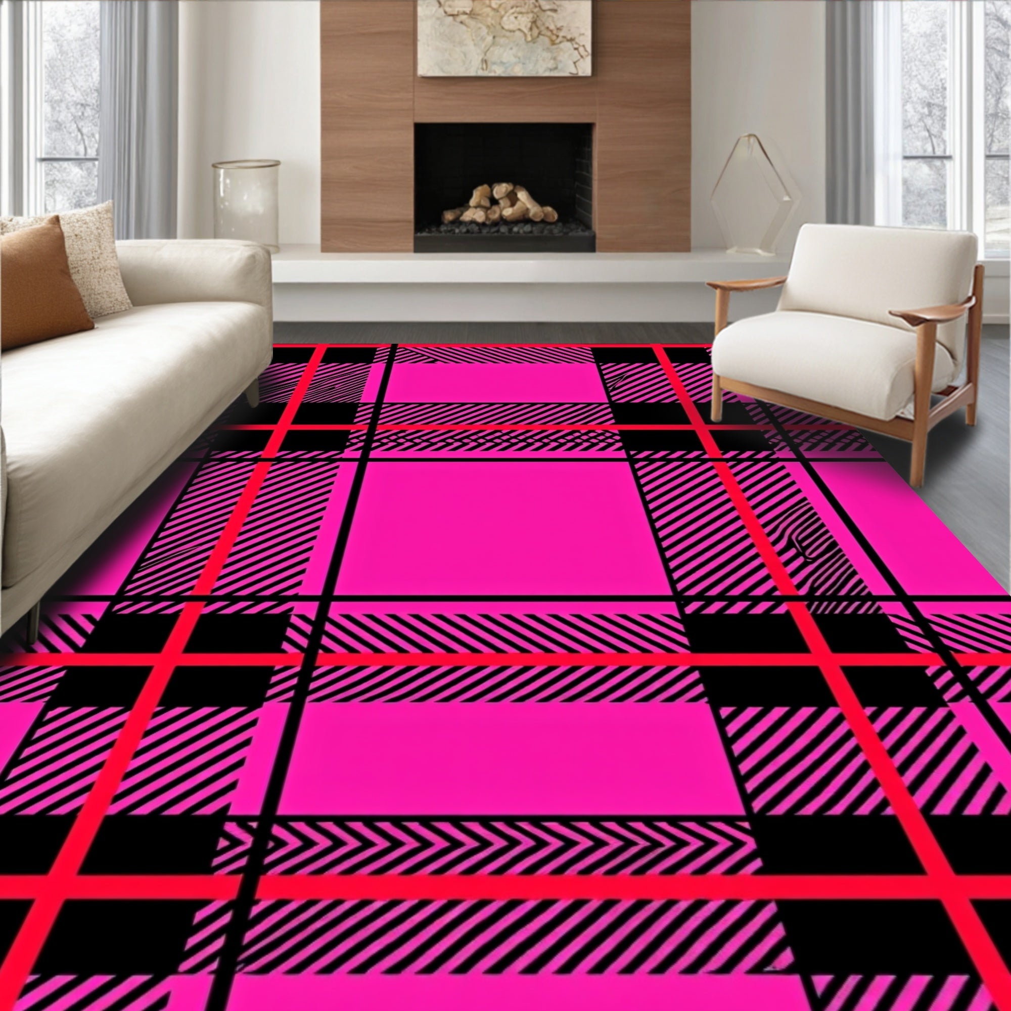 Bright Pink Black Red Plaid Tartan Rug
