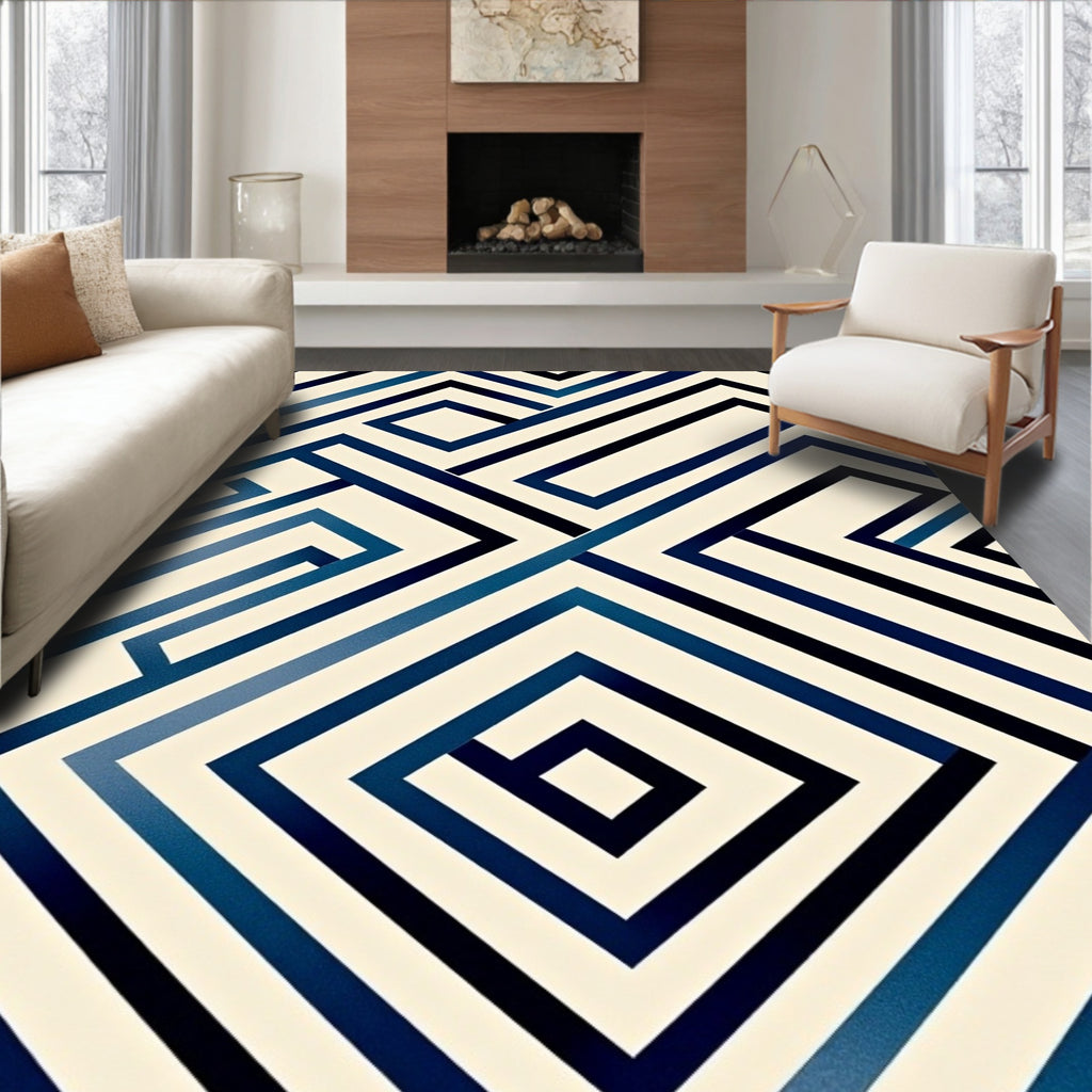Deep Blue Geometric Maze Lines Rug