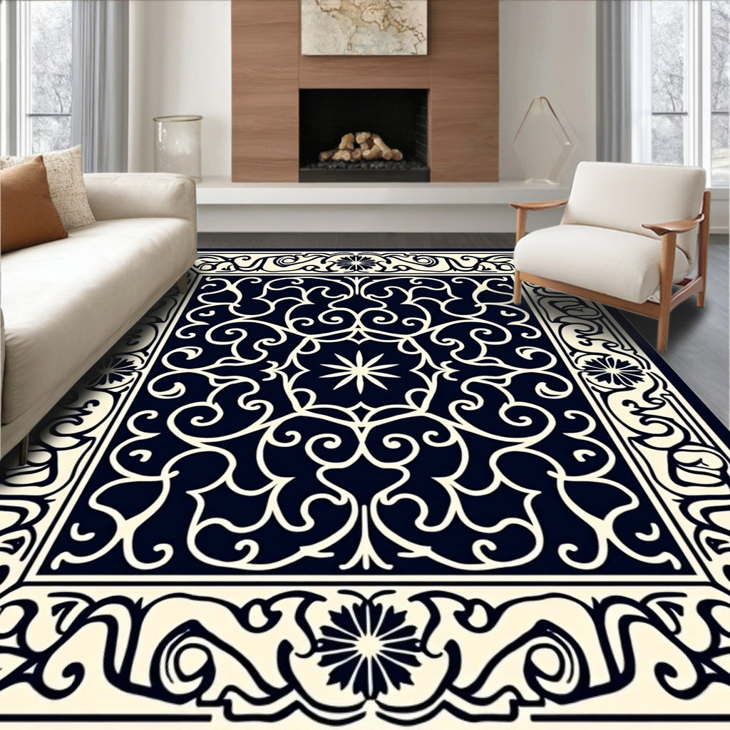 Dark Navy Cream Floral Scroll Border Rug