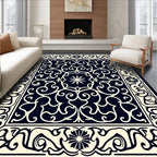 Dark Navy Cream Floral Scroll Border Rug