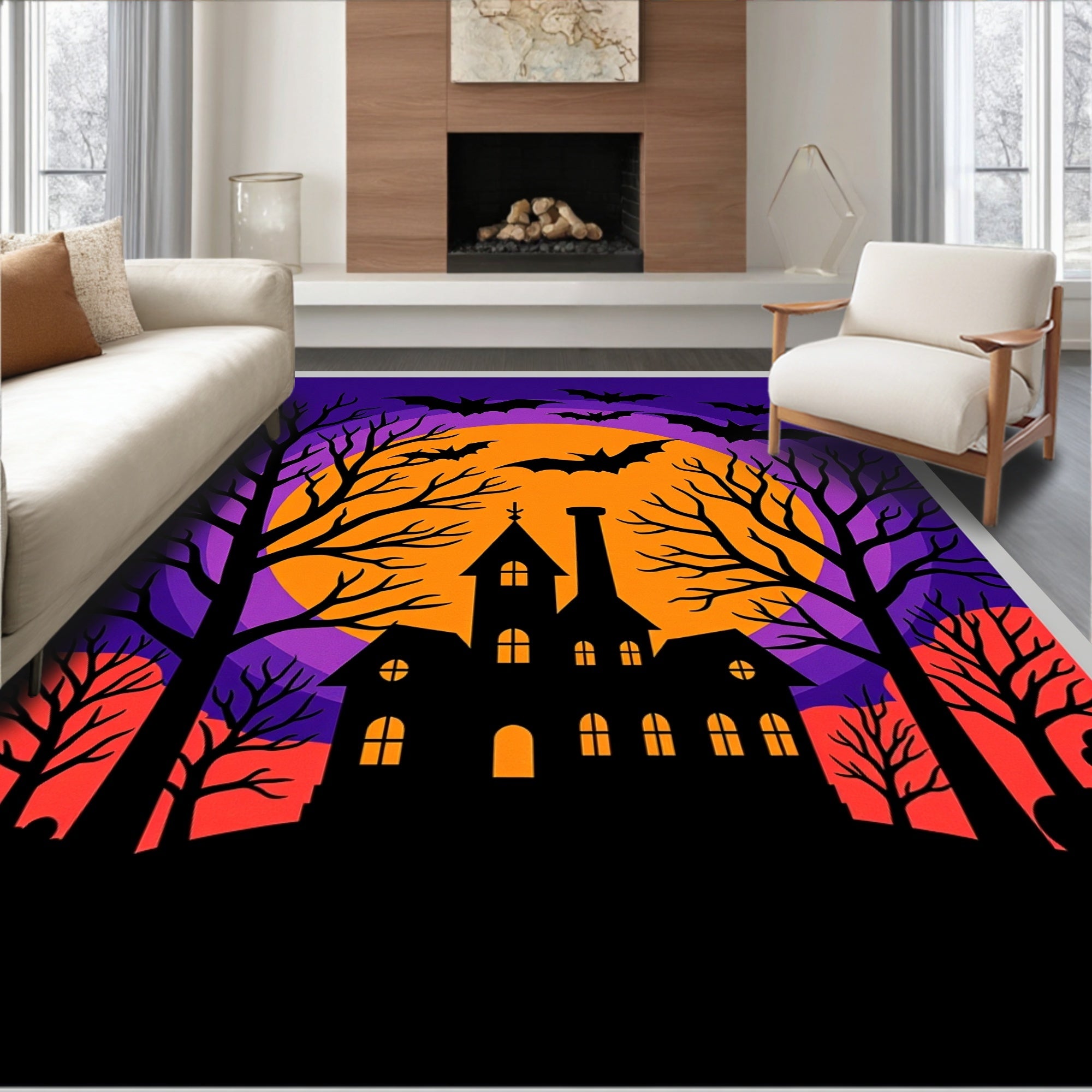 Spooky Bat Haunted Mansion Night Rug