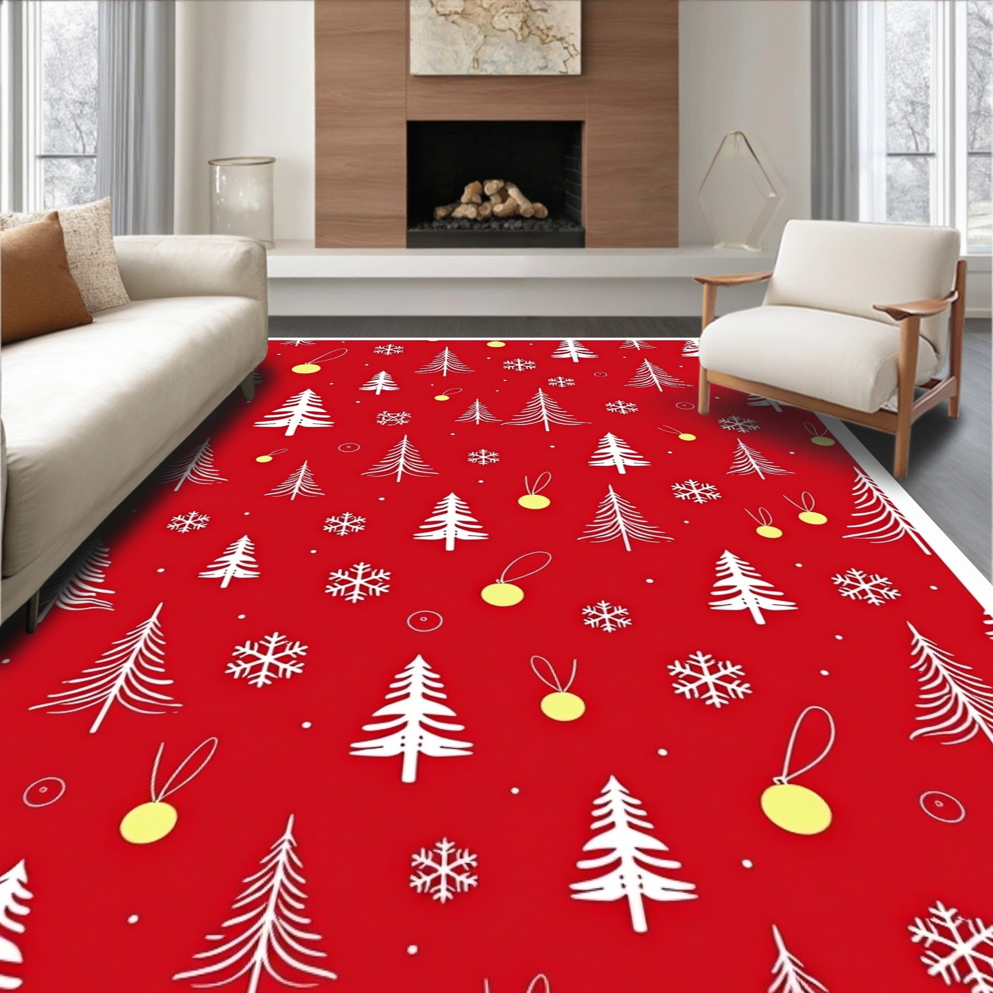 Red Winter Tree Snowflakes Bright Ornaments Rug