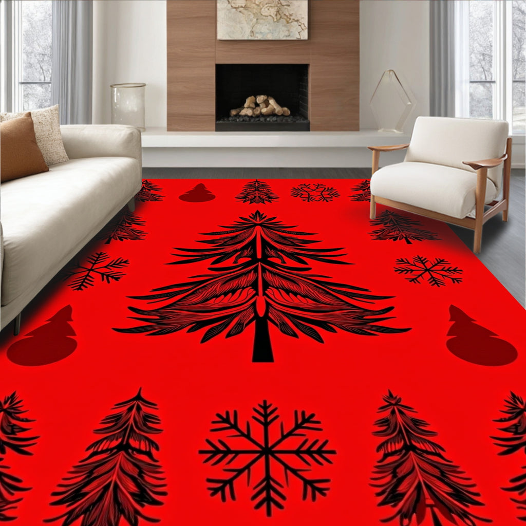 Festive Black Pine Tree Snowflakes Red Background Rug