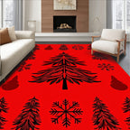 Festive Black Pine Tree Snowflakes Red Background Rug