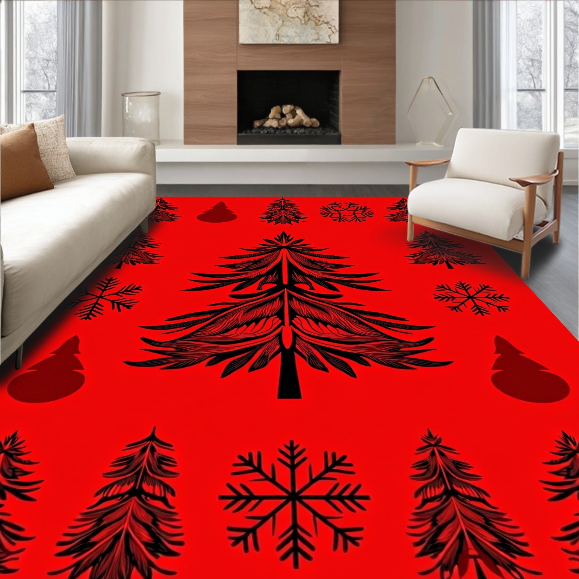 Festive Black Pine Tree Snowflakes Red Background Rug