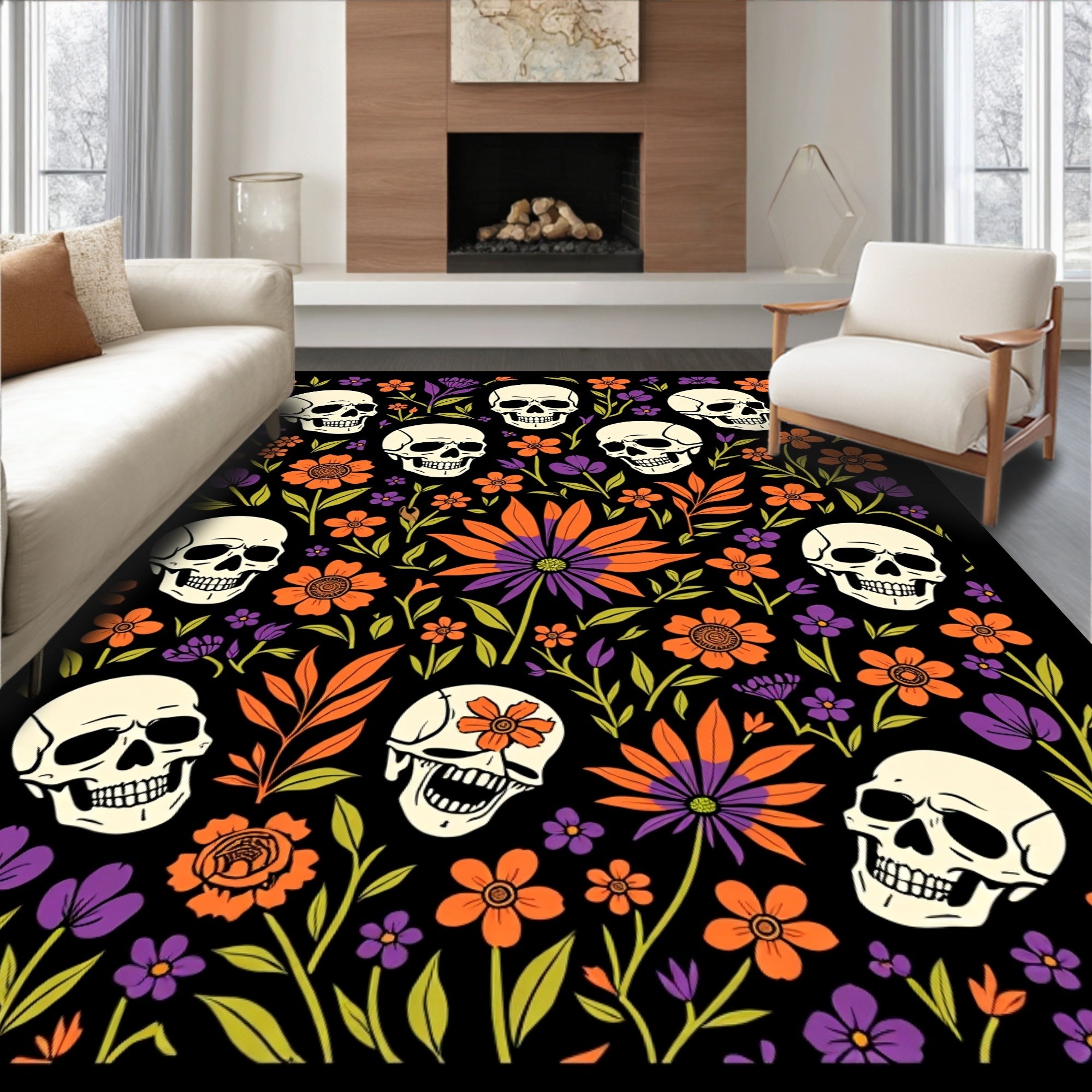 Skulls And Orange Floral Print Rug