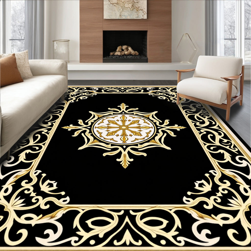 Golden Floral Black Medallion Frame Rug