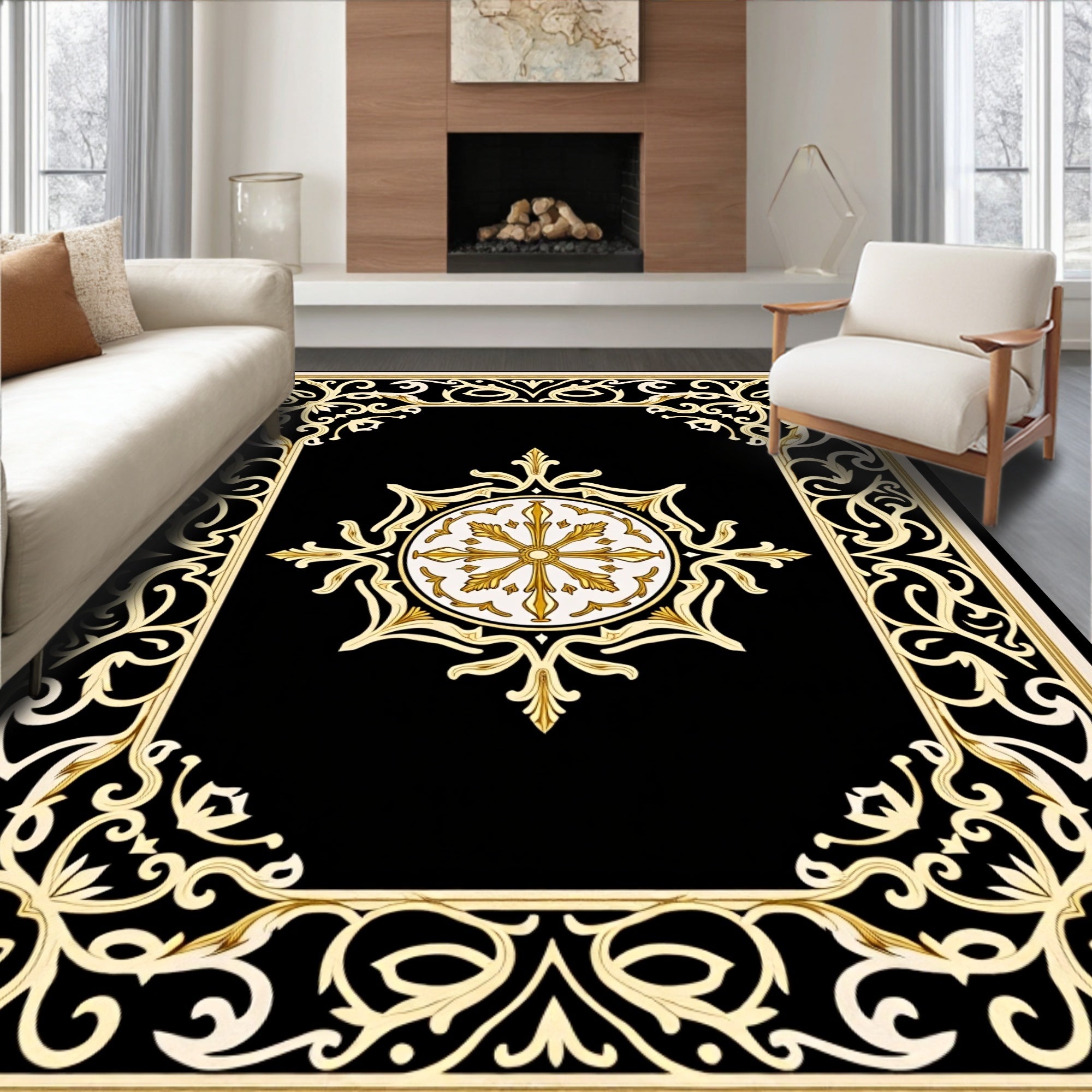 Golden Floral Black Medallion Frame Rug