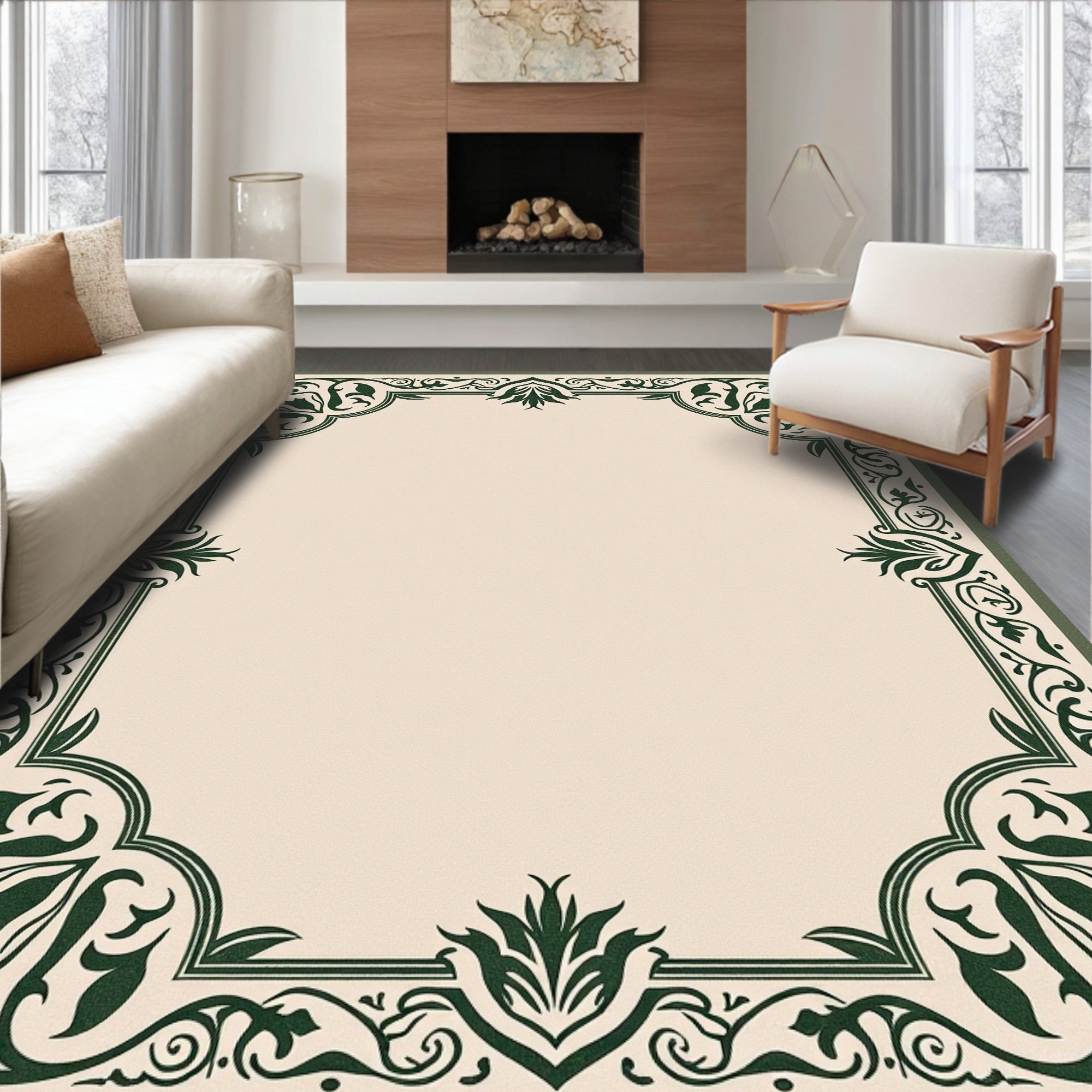 Elegant Green Floral Corner Border Rug
