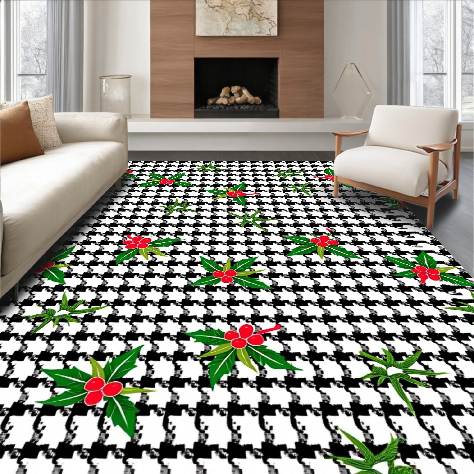 Black White Houndstooth Holly Berries Rug