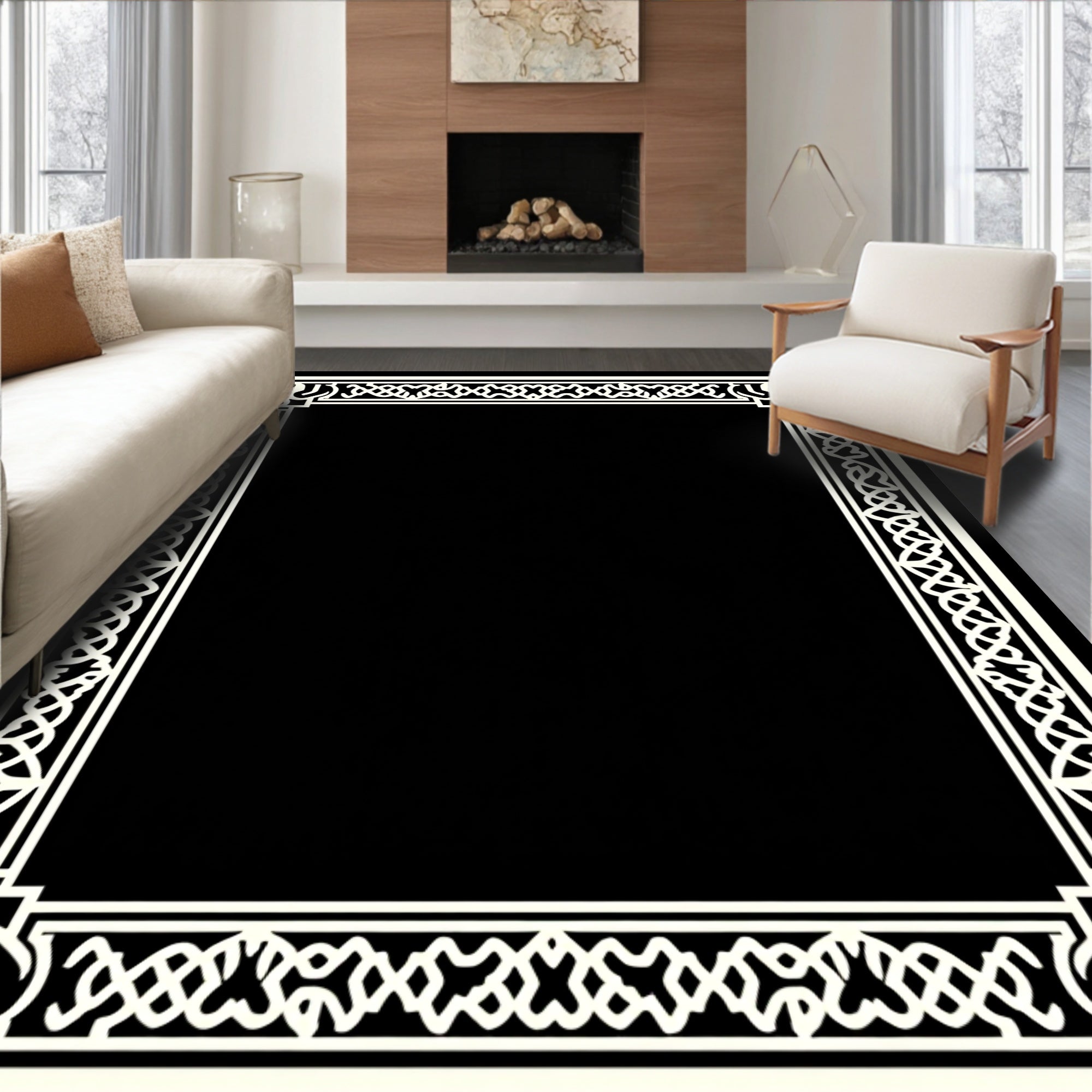 Cream Celtic Knot Scroll Border Rug