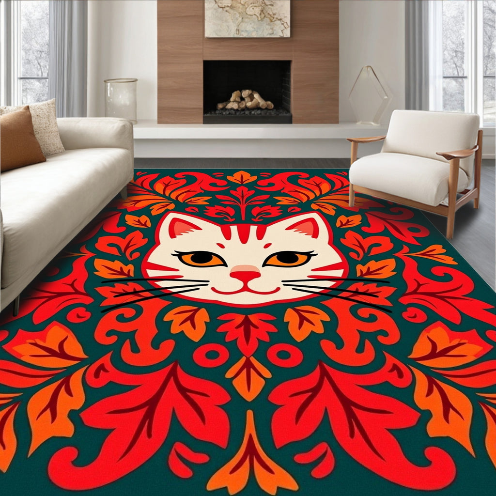Enigmatic Red White Cat Floral Border Rug