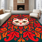 Enigmatic Red White Cat Floral Border Rug