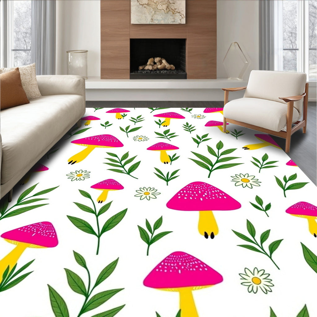 Whimsical Pink Mushroom Green Leaf Garden Rug