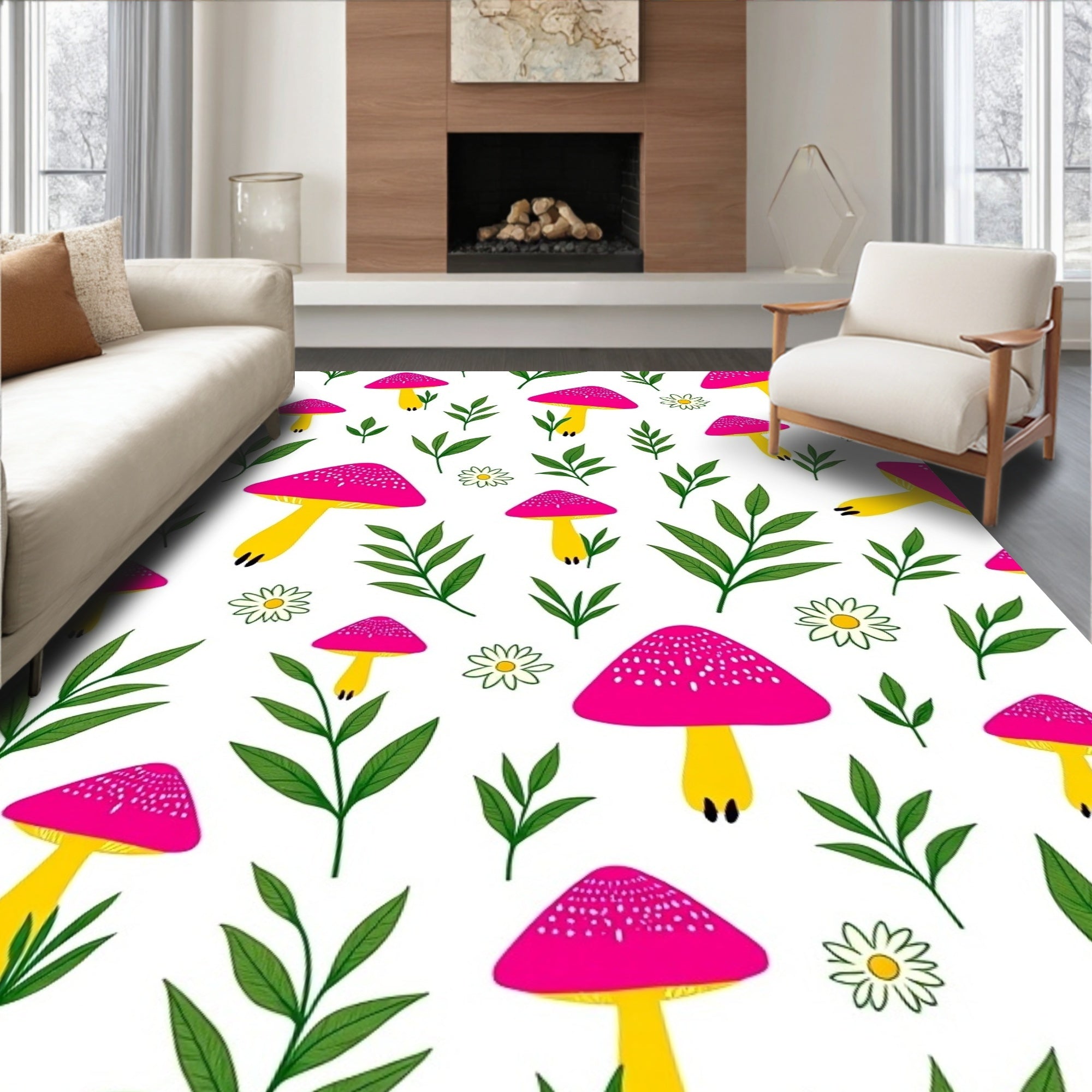 Whimsical Pink Mushroom Green Leaf Garden Rug