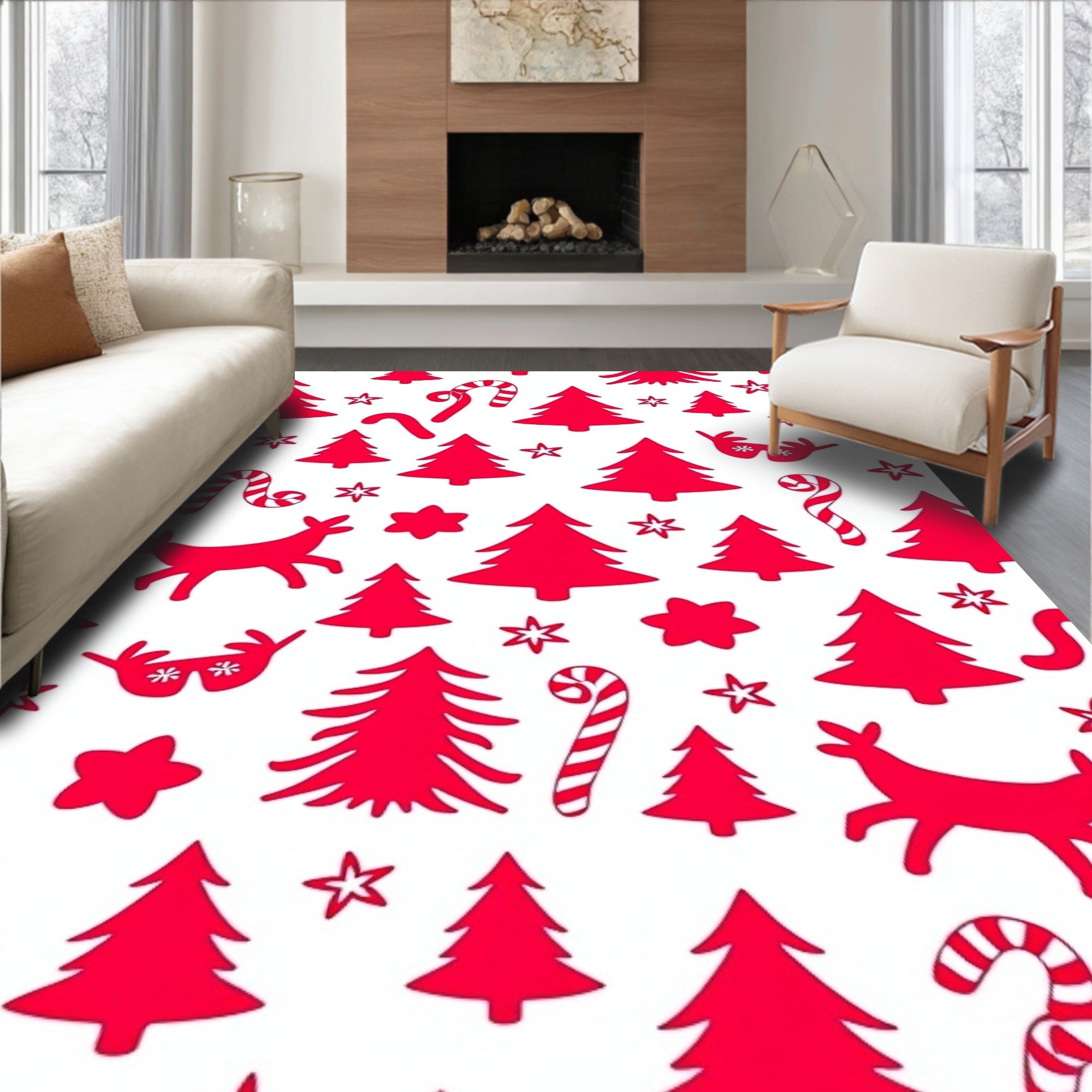 Red Christmas Trees Candy Reindeer Stars Rug
