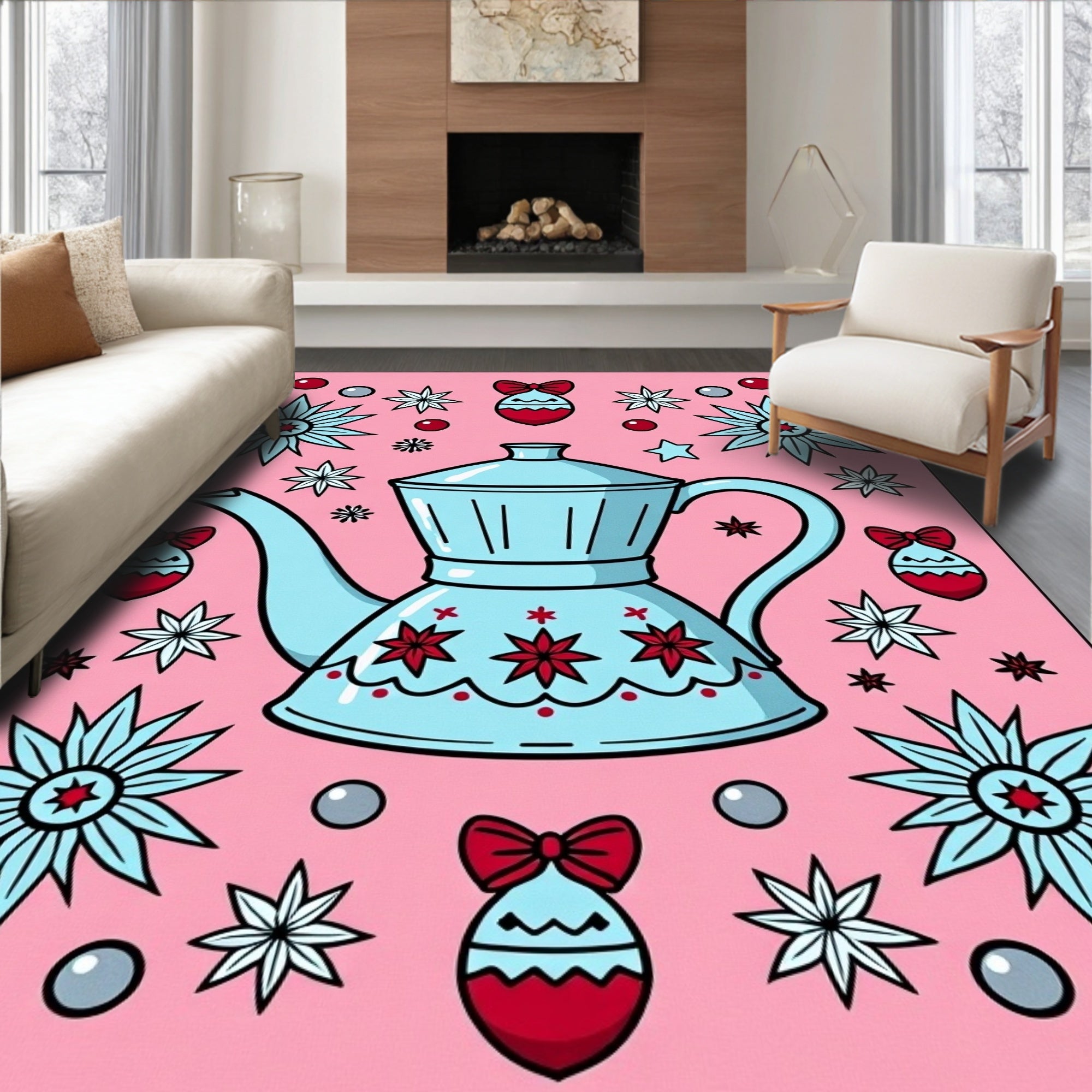 Pink Retro Coffee Pot Starburst Ornament Rug