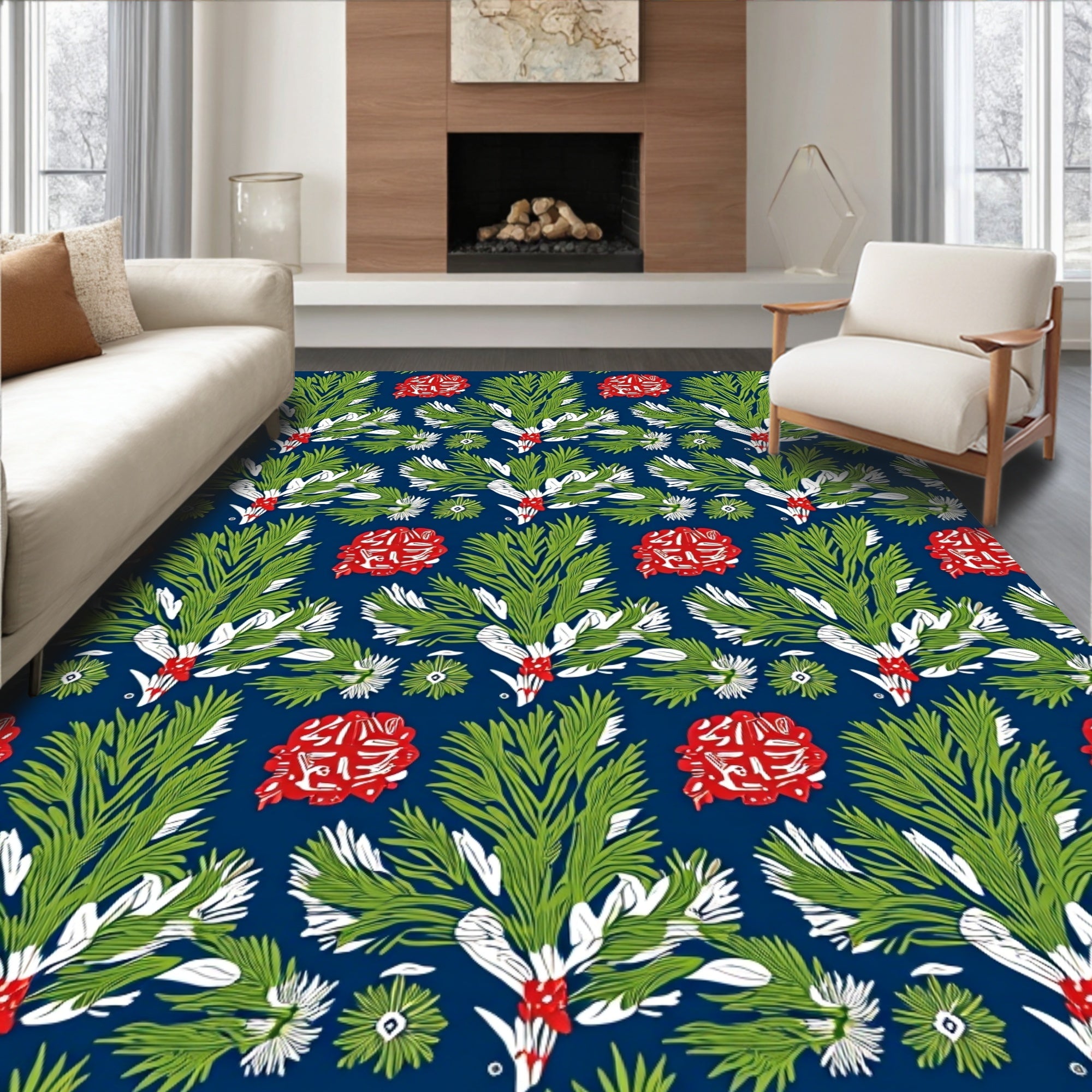 Bold Green Leaf Red Blossom Medley Rug
