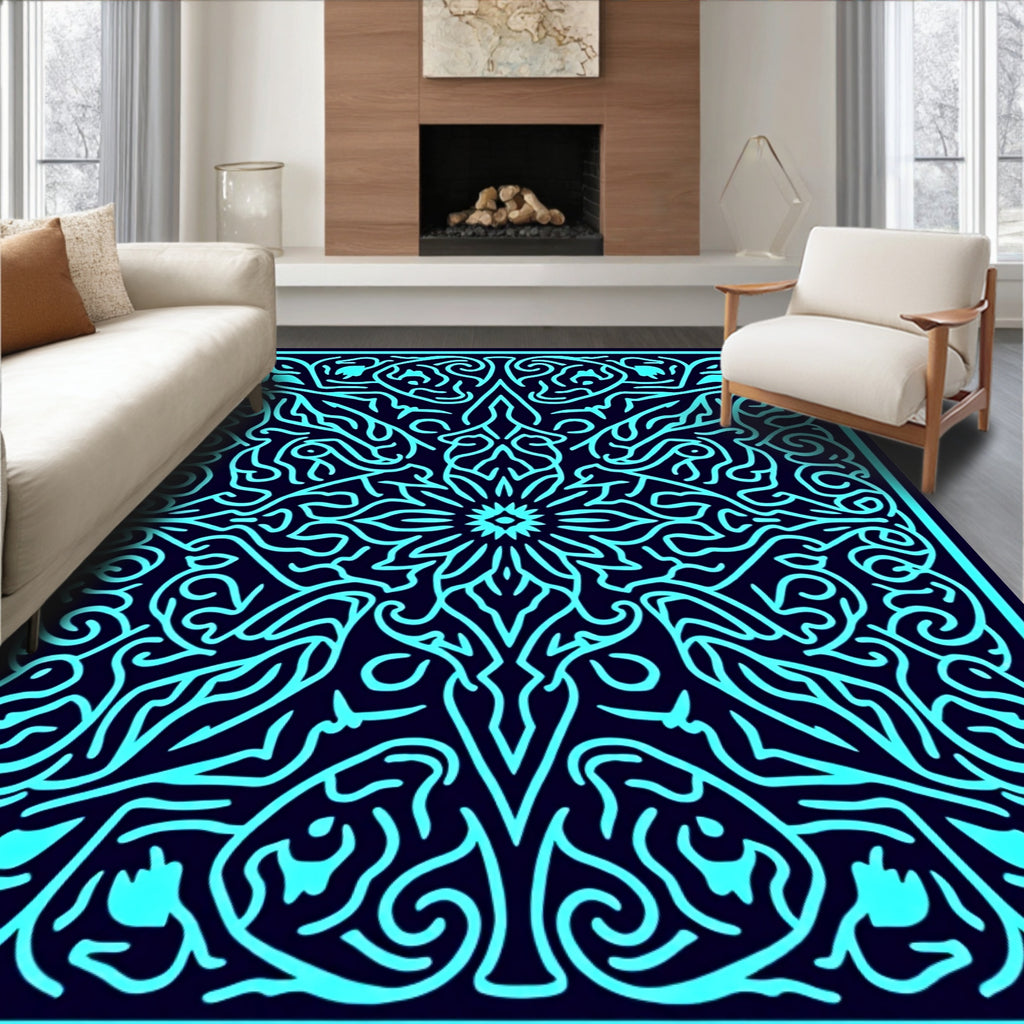 Cyan Intricate Floral Medallion Tapestry Rug
