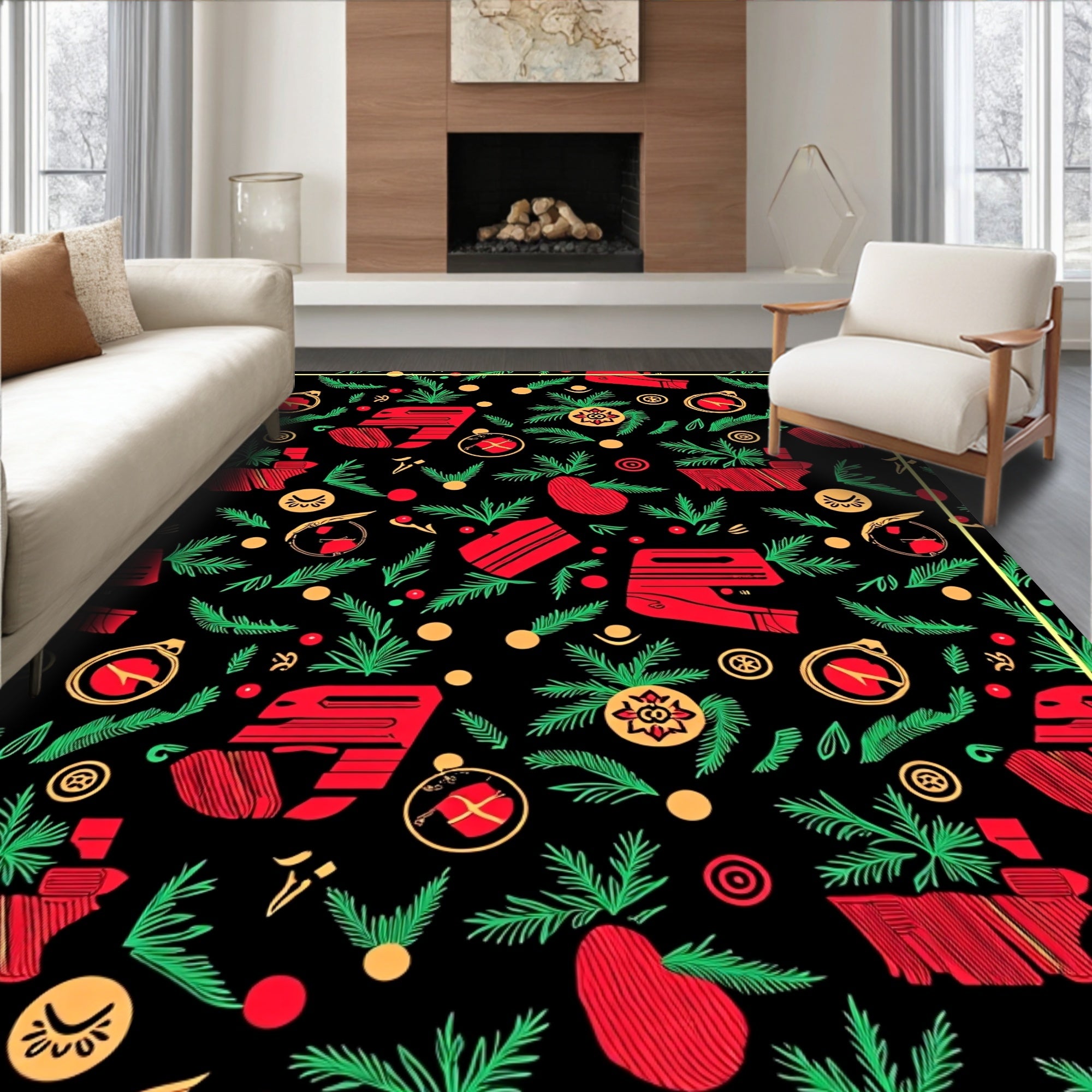 Red Green Gold Abstract Festive Foliage Rug