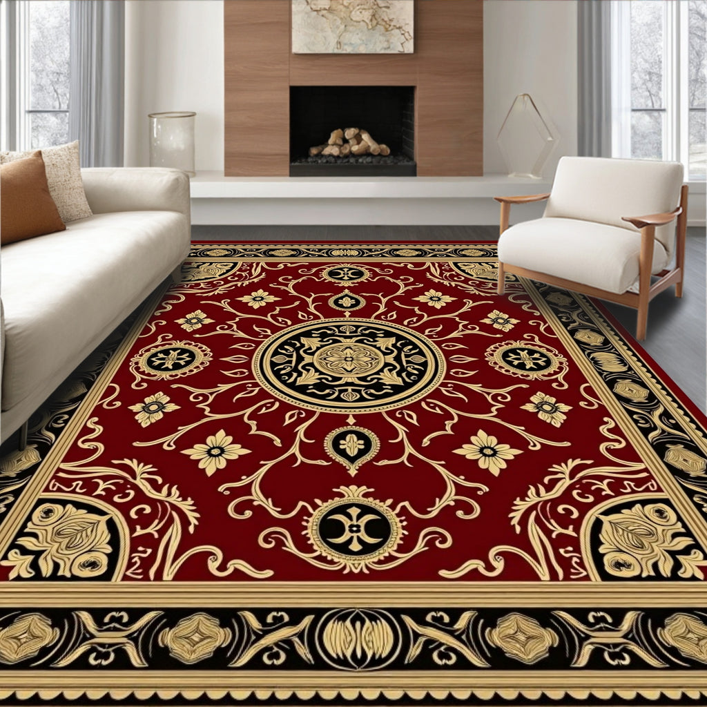 Ornate Crimson Gold Medallion Border Rug