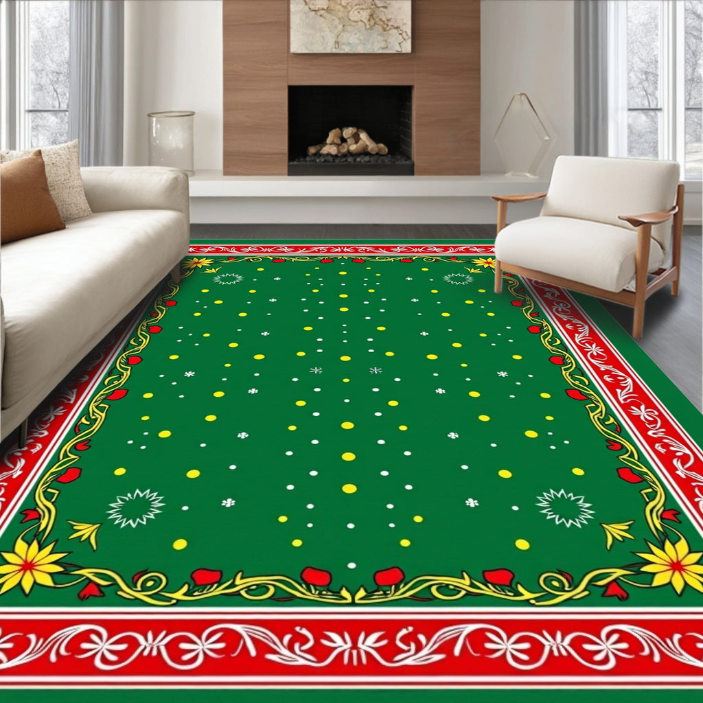 Red Green Festive Floral Scattered Dots Rug