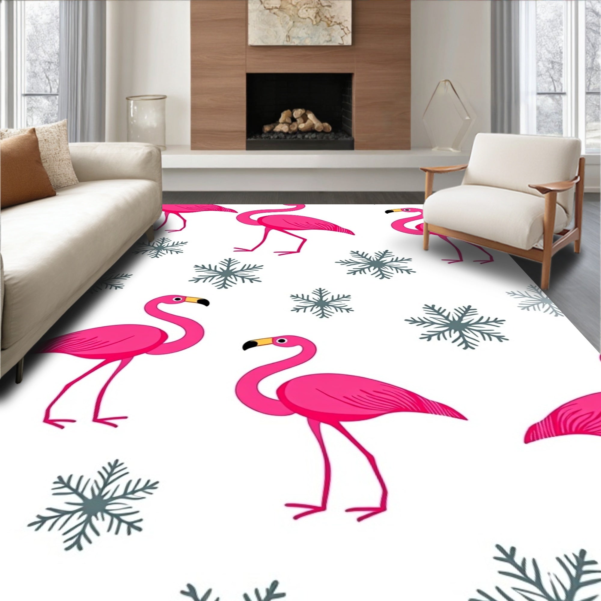 Pink Flamingo Winter Snowflakes Collage Rug