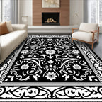 Black White Floral Scrollwork Border Rug
