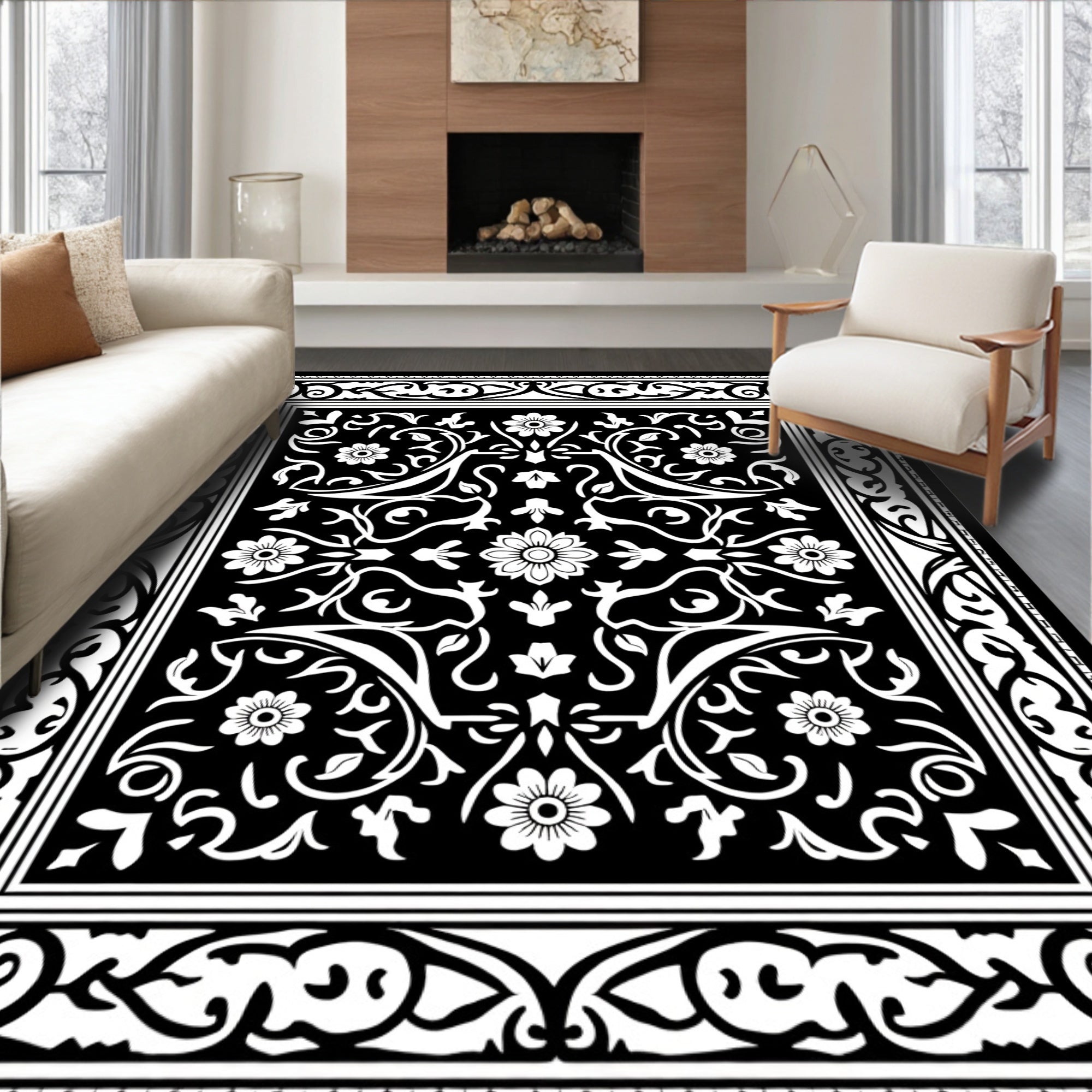 Black White Floral Scrollwork Border Rug