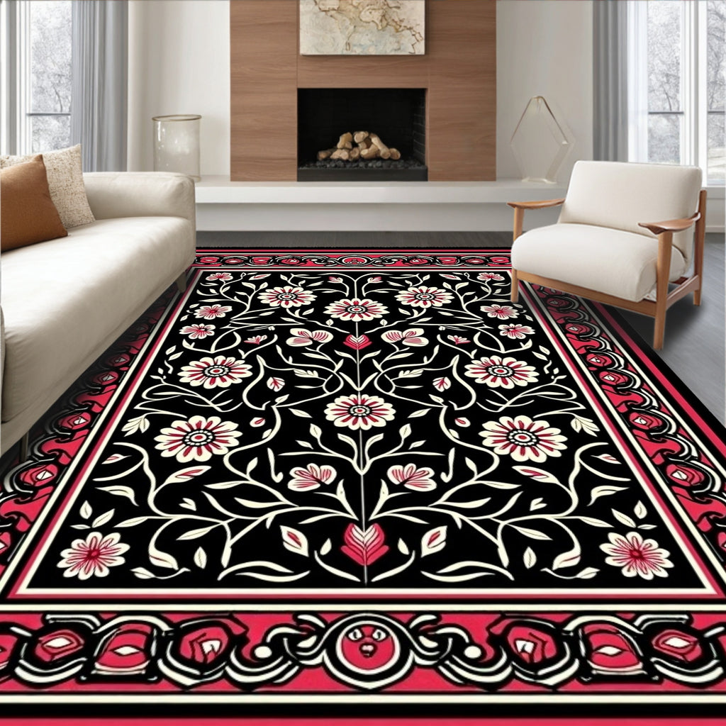 Crimson White Floral Vine Border Rug