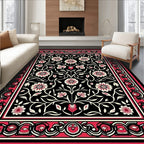 Crimson White Floral Vine Border Rug