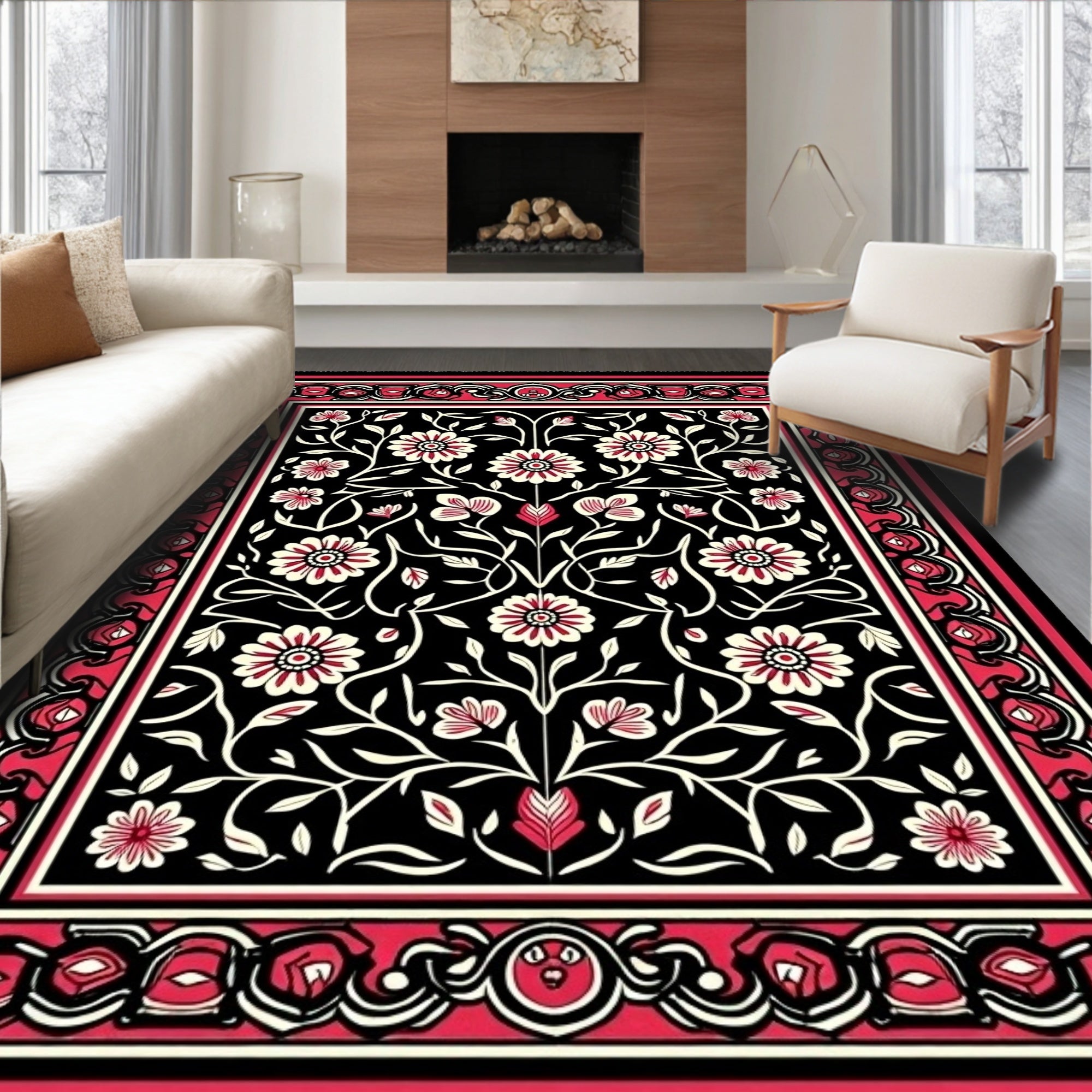 Crimson White Floral Vine Border Rug