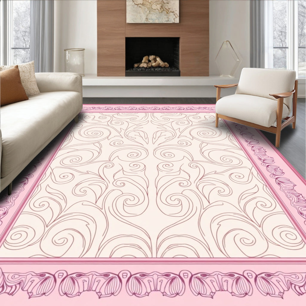 Delicate Pink Floral Scroll Border Rug