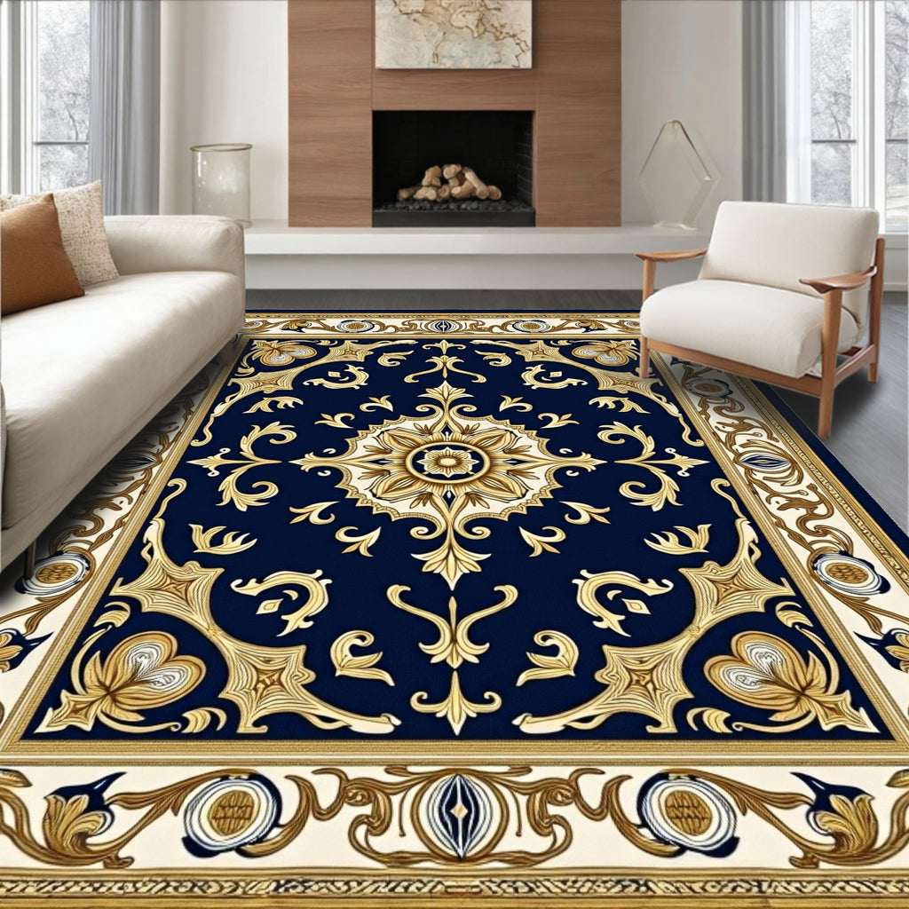 Ornate Navy Gold Medallion Filigree Rug