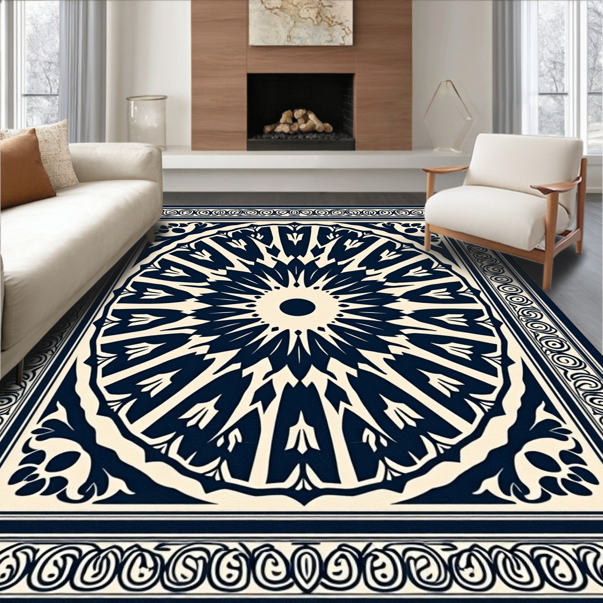 Midnight Cream Sunburst Mandala Rug