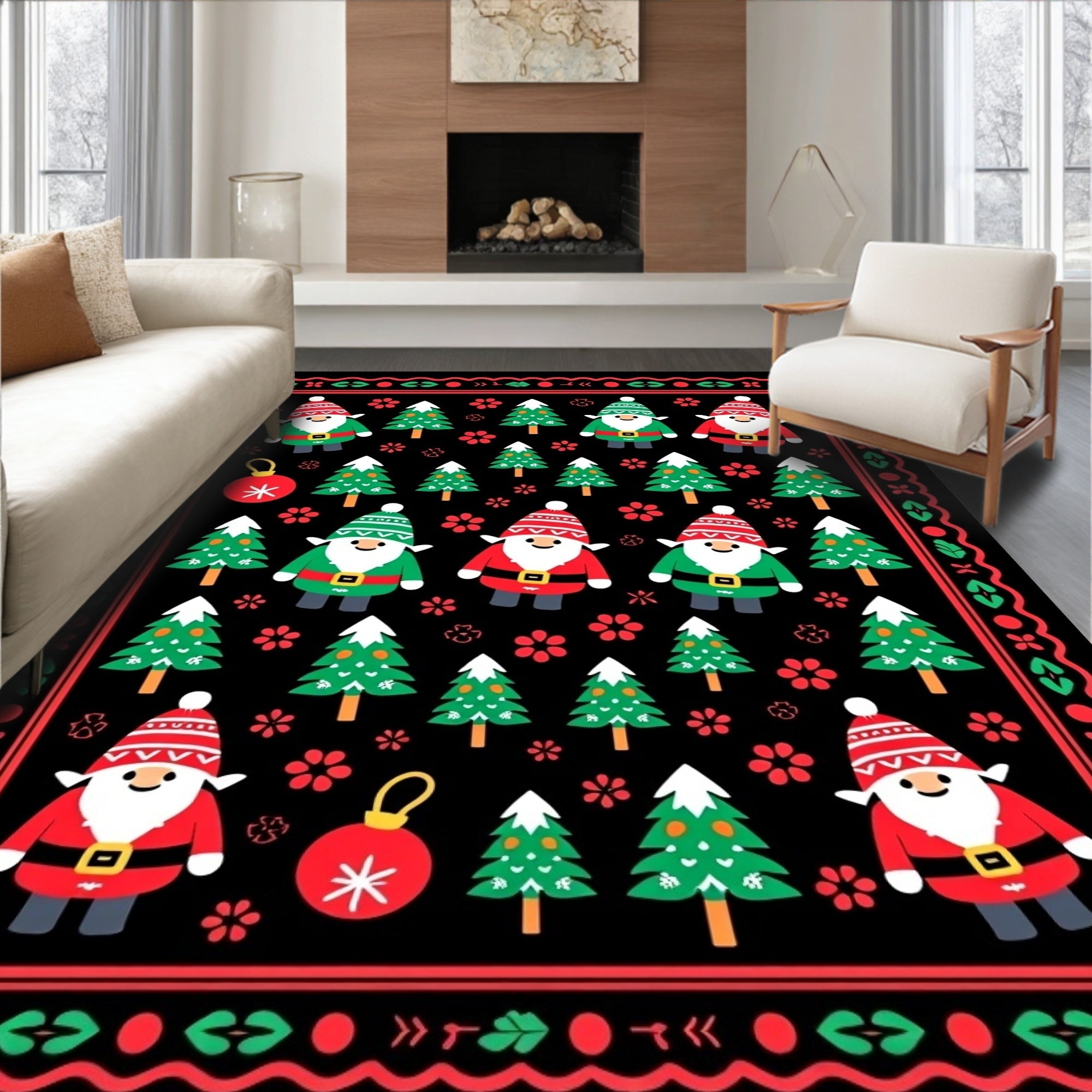 Festive Santa Trees and Ornaments Rug