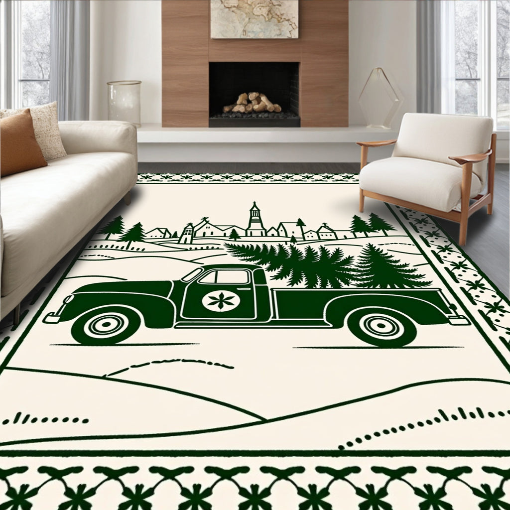 Vintage Green Pickup Truck Village Scene Rug