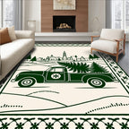 Vintage Green Pickup Truck Village Scene Rug
