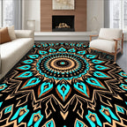 Turquoise Orange Mandala Black Background Rug