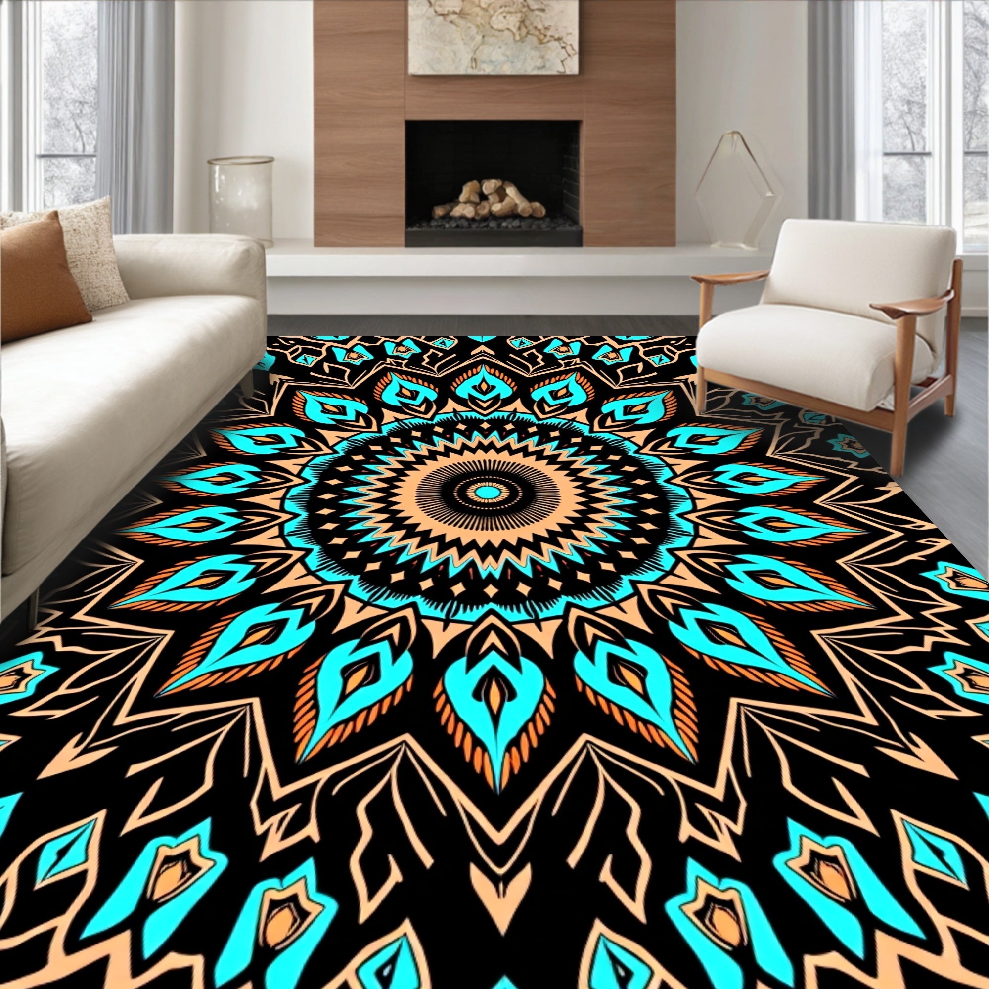 Turquoise Orange Mandala Black Background Rug