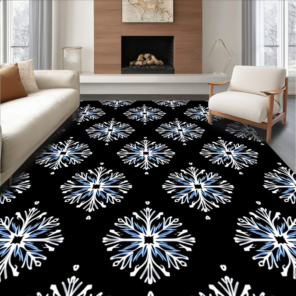 Black White Blue Starburst Floral Arrangement Rug