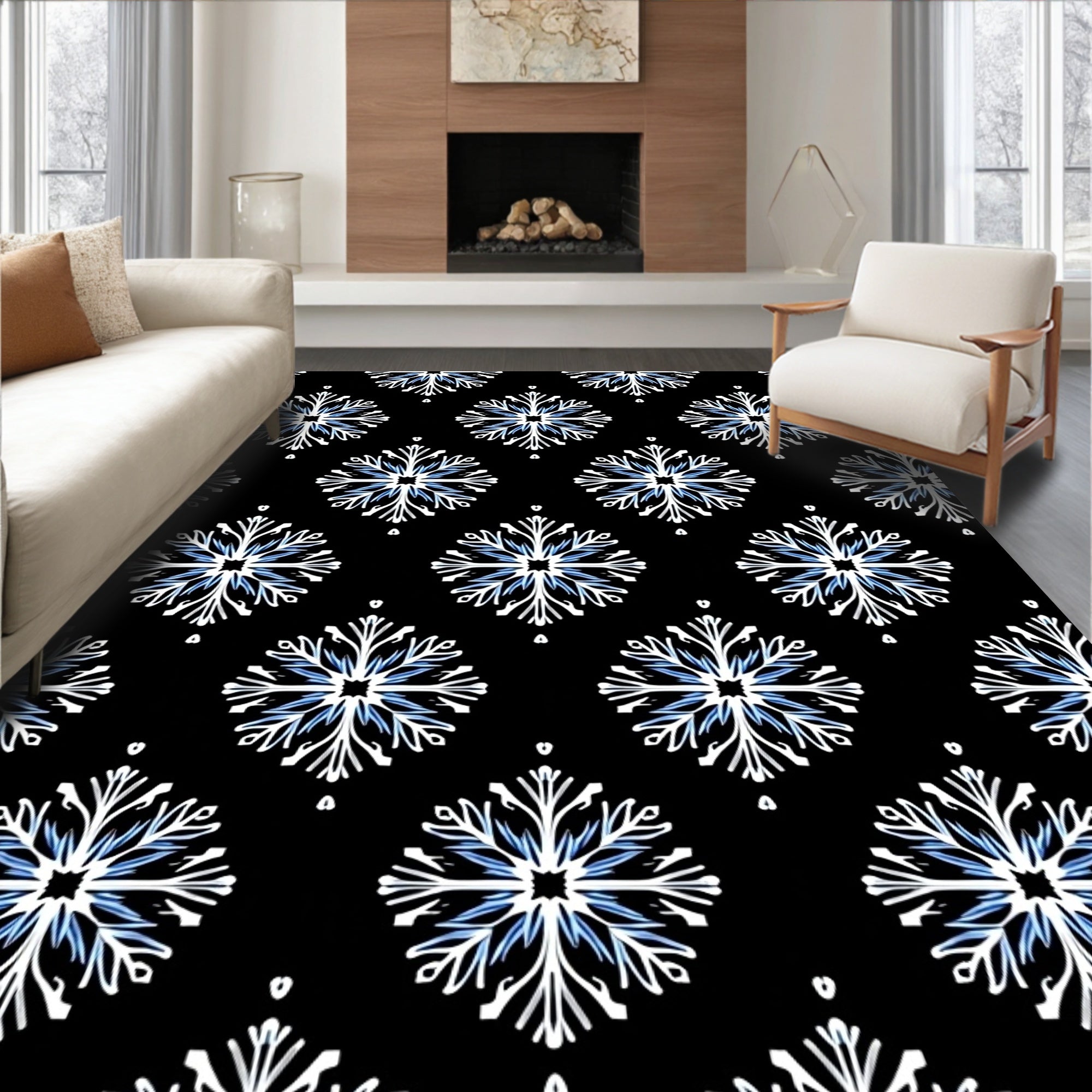 Black White Blue Starburst Floral Arrangement Rug