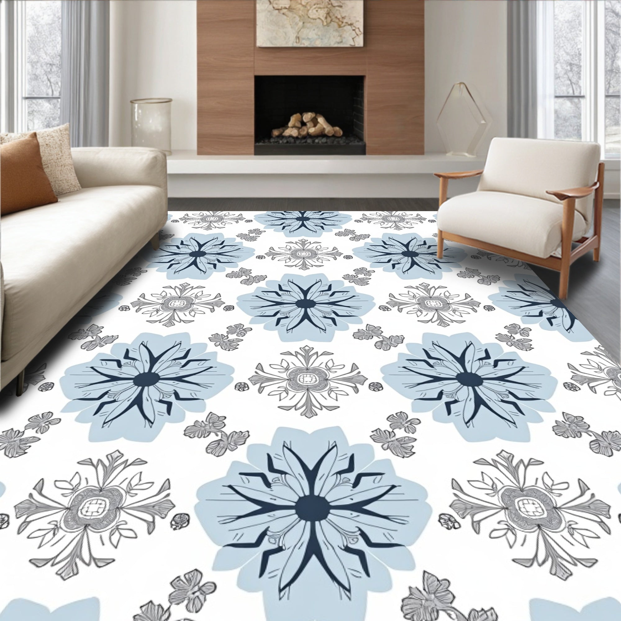 Light Blue Floral Medallion Geometric Rug
