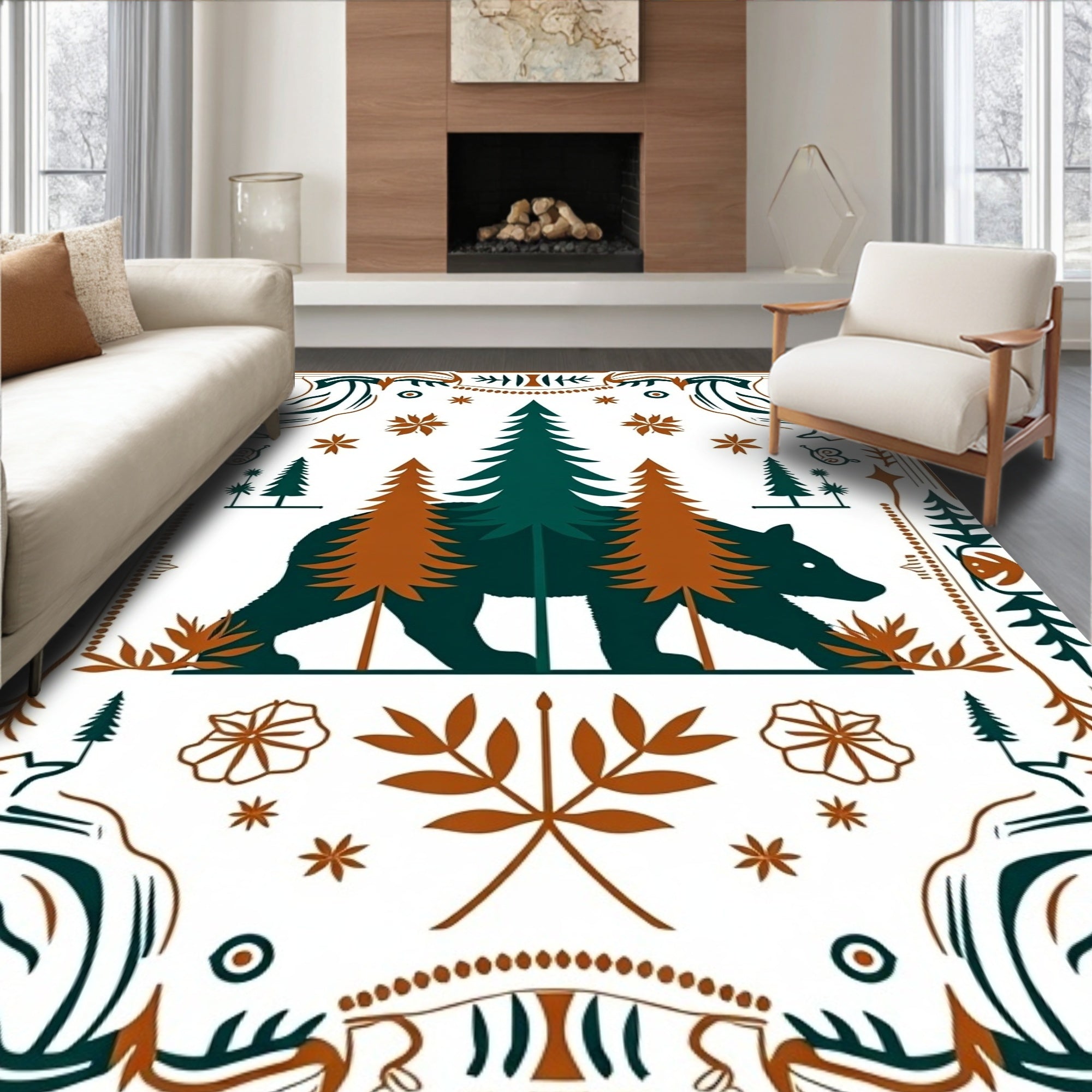 Rustic Bear Forest Woodland Border Rug